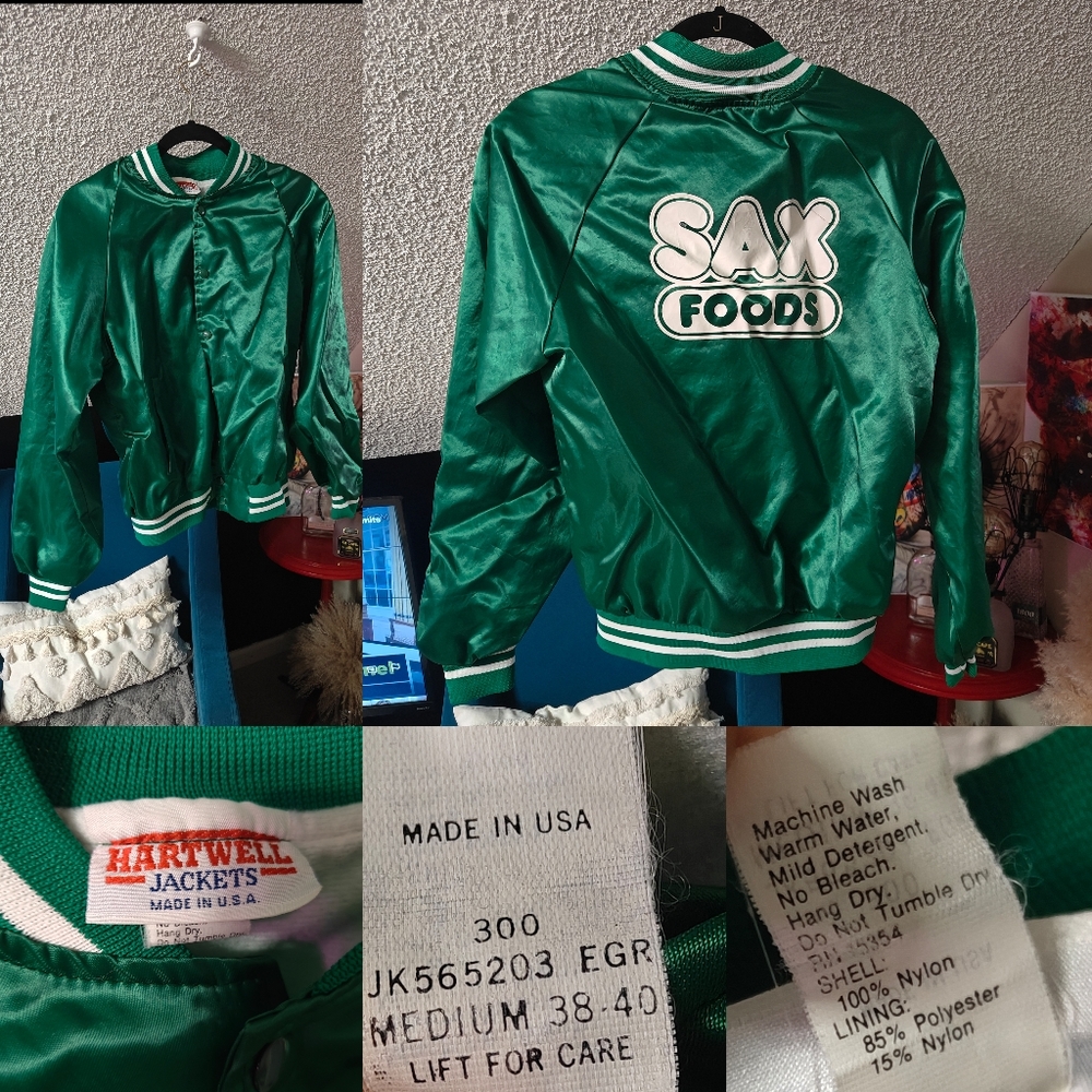 Rare Paper-Tag Vintage Grocery Sax Foods Members Only style Green Satin Bomber